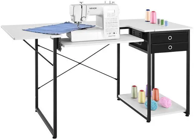 Main image of Sewing Table, Multipurpose Sewing Machine Table with Foldable Side Shelf, Adjustable Shelf, Steel Legs, Computer Desk for Home, Fashion Studio, Art Studio, Educational Institution, White