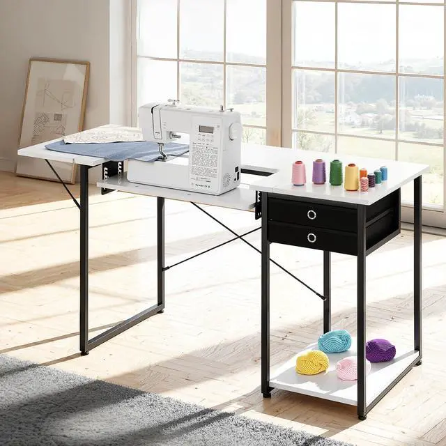 Alt view image 2 of 7 - Sewing Table, Multipurpose Sewing Machine Table with Foldable Side Shelf, Adjustable Shelf, Steel Legs, Computer Desk for Home, Fashion Studio, Art Studio, Educational Institution, White