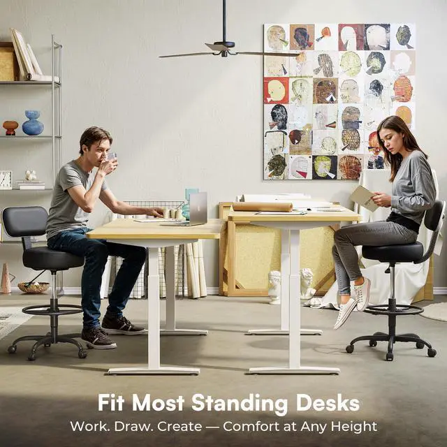 Alt view image 6 of 7 - Drafting Chair with Backrest, Set of 2, Swivel Barstools for Shop | Adjustable Height Rolling Stool with Footrest, Standing Desk Chair for Counter Height Desk, Shop, Home Kitchen, Clinic Studio