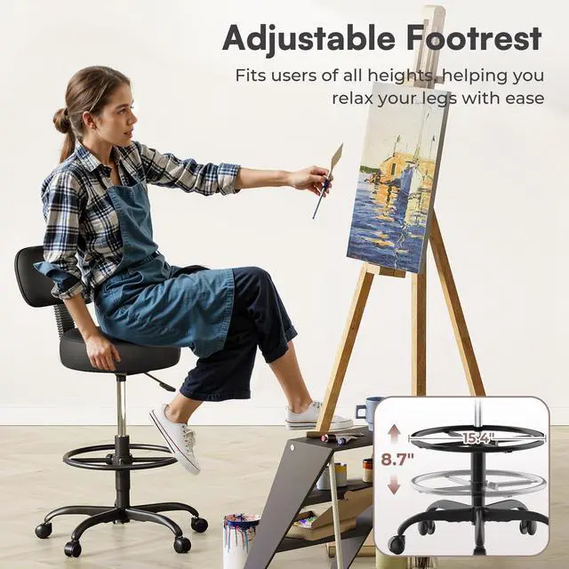 Alt view image 7 of 7 - Drafting Chair with Backrest, Set of 2, Swivel Barstools for Shop | Adjustable Height Rolling Stool with Footrest, Standing Desk Chair for Counter Height Desk, Shop, Home Kitchen, Clinic Studio