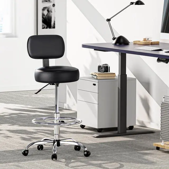 Alt view image 2 of 7 - Drafting Chair with Back, Set of 3, Swivel Barstools, Adjustable Height Rolling Stool with Footrest, Standing Desk Chair for Counter Height Desk, Shop, Home & Kitchen, Clinic & Studio, Black
