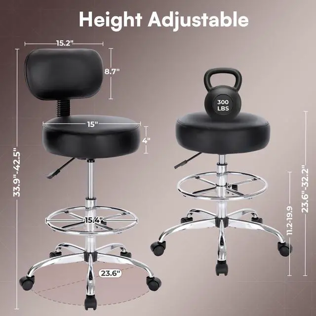 Alt view image 3 of 7 - Drafting Chair with Back, Set of 3, Swivel Barstools, Adjustable Height Rolling Stool with Footrest, Standing Desk Chair for Counter Height Desk, Shop, Home & Kitchen, Clinic & Studio, Black