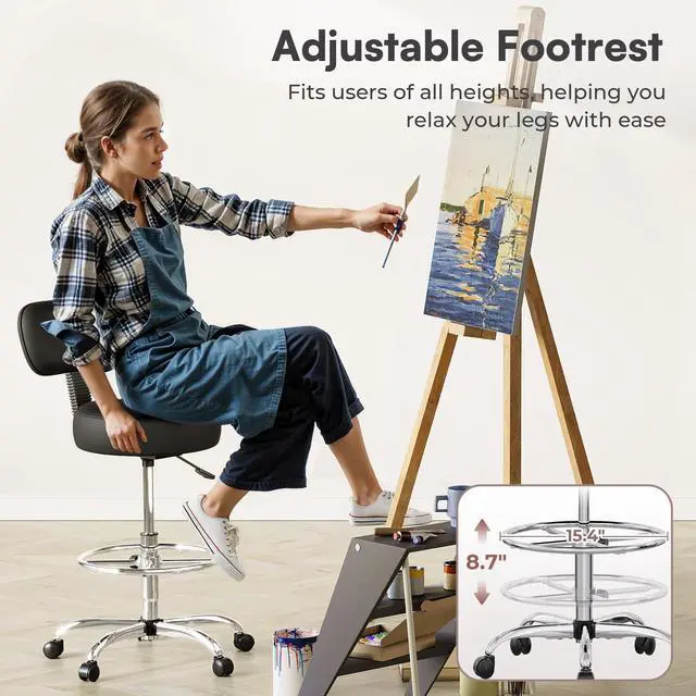 Alt view image 7 of 7 - Drafting Chair with Back, Set of 3, Swivel Barstools, Adjustable Height Rolling Stool with Footrest, Standing Desk Chair for Counter Height Desk, Shop, Home & Kitchen, Clinic & Studio, Black