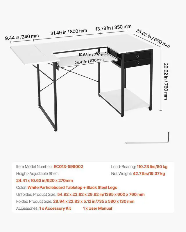 Alt view image 3 of 7 - Sewing Table, Multipurpose Sewing Machine Table with Foldable Side Shelf, Adjustable Shelf, Steel Legs, Computer Desk for Home, Fashion Studio, Art Studio, Educational Institution, White