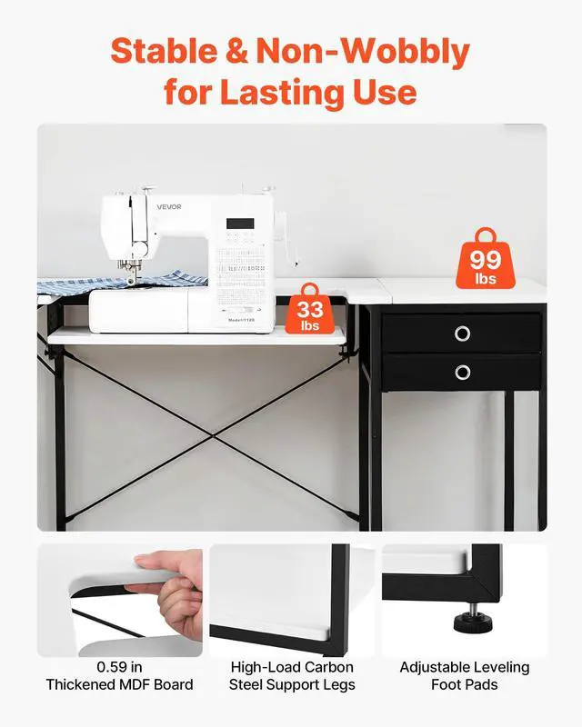 Alt view image 5 of 7 - Sewing Table, Multipurpose Sewing Machine Table with Foldable Side Shelf, Adjustable Shelf, Steel Legs, Computer Desk for Home, Fashion Studio, Art Studio, Educational Institution, White