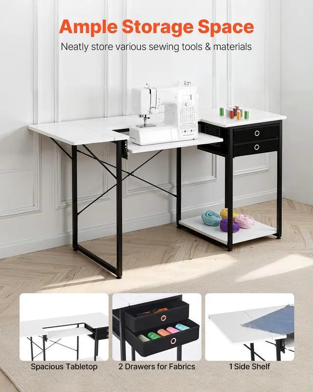 Alt view image 4 of 7 - Sewing Table, Multipurpose Sewing Machine Table with Foldable Side Shelf, Adjustable Shelf, Steel Legs, Computer Desk for Home, Fashion Studio, Art Studio, Educational Institution, White