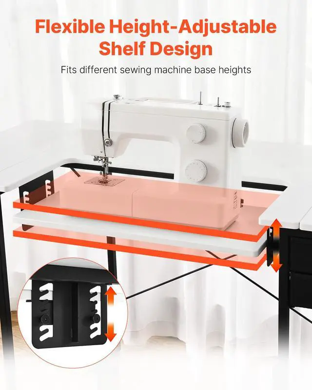 Alt view image 6 of 7 - Sewing Table, Multipurpose Sewing Machine Table with Foldable Side Shelf, Adjustable Shelf, Steel Legs, Computer Desk for Home, Fashion Studio, Art Studio, Educational Institution, White