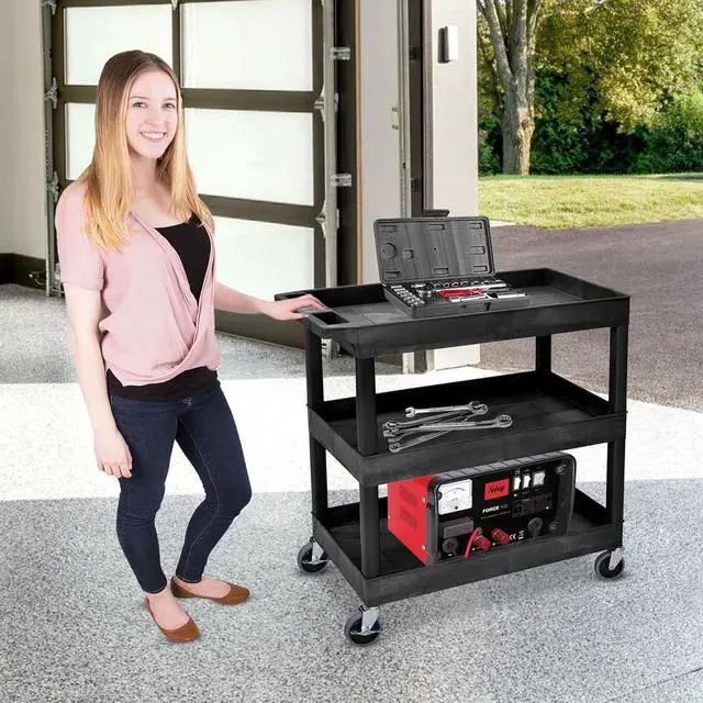Alt view image 2 of 7 - EC111-B 3-Shelf Heavy Duty Rolling Plastic Utility Cart, Black | Supports 400 lbs. 35.25 x 18 x 36.25 in. HDPE frame with 2.5 in deep tubs. Ideal for garage, warehouse or office use