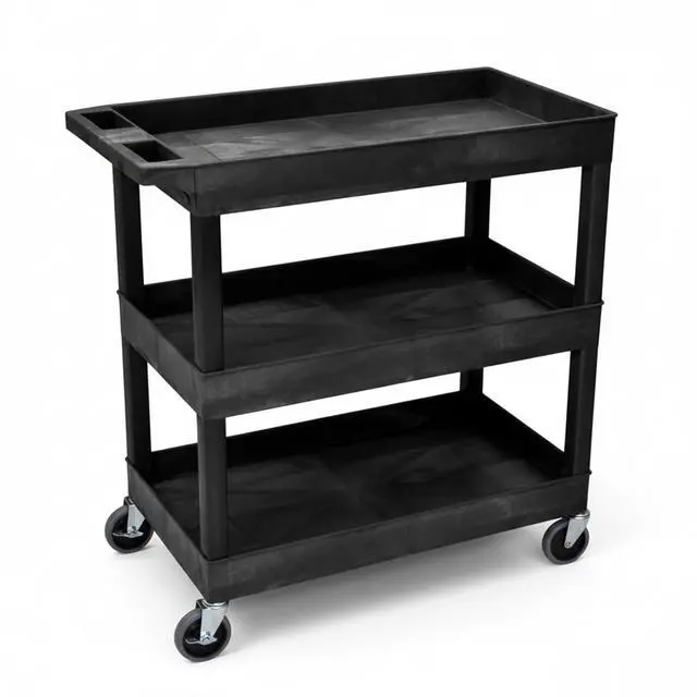 Main image of EC111-B 3-Shelf Heavy Duty Rolling Plastic Utility Cart, Black | Supports 400 lbs. 35.25 x 18 x 36.25 in. HDPE frame with 2.5 in deep tubs. Ideal for garage, warehouse or office use