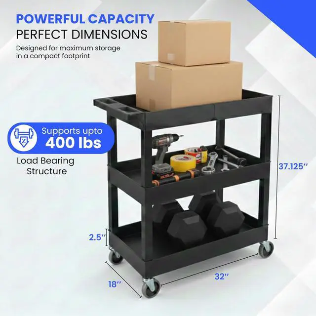 Alt view image 5 of 7 - EC111-B 3-Shelf Heavy Duty Rolling Plastic Utility Cart, Black | Supports 400 lbs. 35.25 x 18 x 36.25 in. HDPE frame with 2.5 in deep tubs. Ideal for garage, warehouse or office use