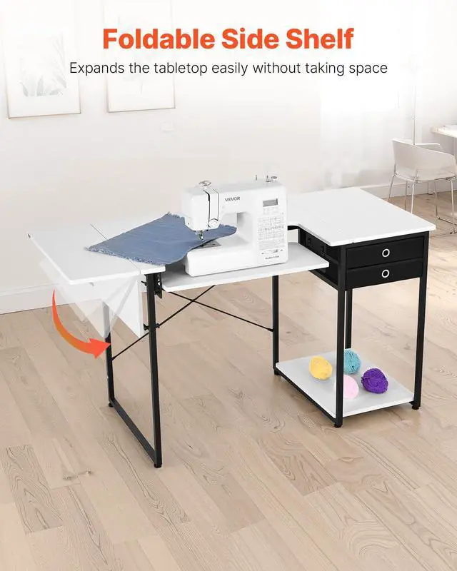 Alt view image 7 of 7 - Sewing Table, Multipurpose Sewing Machine Table with Foldable Side Shelf, Adjustable Shelf, Steel Legs, Computer Desk for Home, Fashion Studio, Art Studio, Educational Institution, White