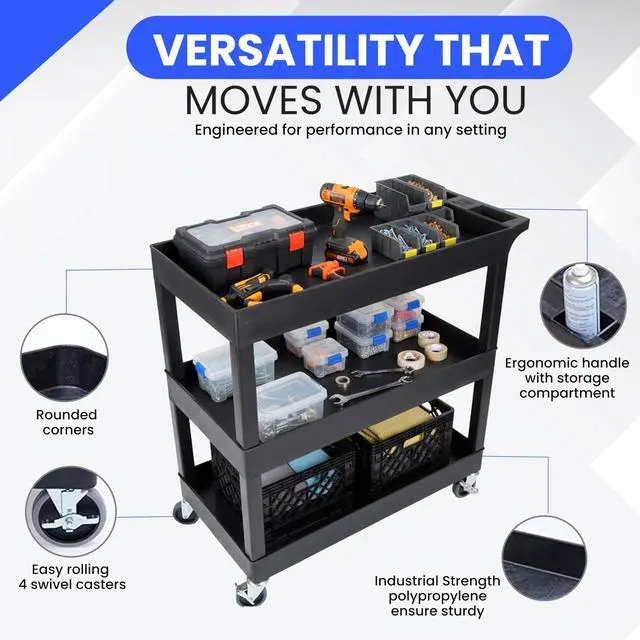 Alt view image 4 of 7 - EC111-B 3-Shelf Heavy Duty Rolling Plastic Utility Cart, Black | Supports 400 lbs. 35.25 x 18 x 36.25 in. HDPE frame with 2.5 in deep tubs. Ideal for garage, warehouse or office use