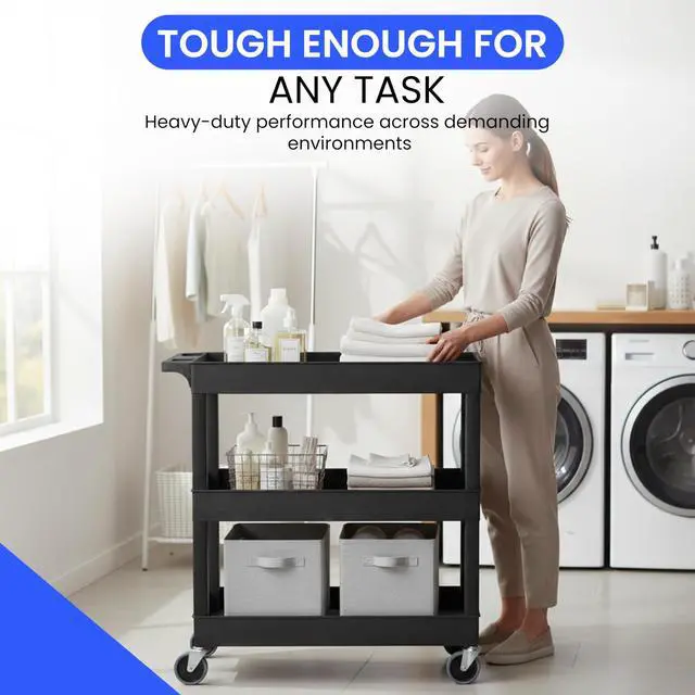 Alt view image 7 of 7 - EC111-B 3-Shelf Heavy Duty Rolling Plastic Utility Cart, Black | Supports 400 lbs. 35.25 x 18 x 36.25 in. HDPE frame with 2.5 in deep tubs. Ideal for garage, warehouse or office use
