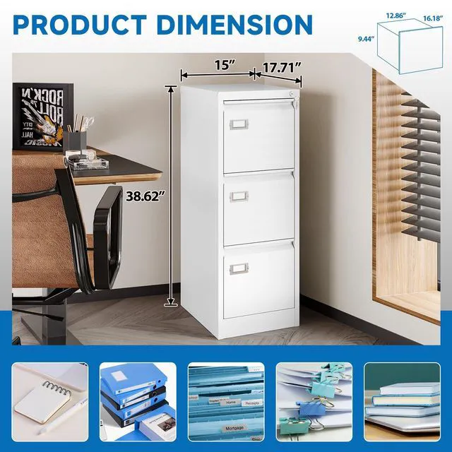 Alt view image 4 of 7 - 3 Drawer File Cabinet with Lock Metal Vertical File Storage Cabinet Office Home Steel Vertical File Cabinet for A4 Legal/Letter Size Narrow File Cabinet Locked,Assembly Required