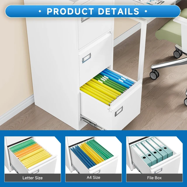 Alt view image 7 of 7 - 3 Drawer File Cabinet with Lock Metal Vertical File Storage Cabinet Office Home Steel Vertical File Cabinet for A4 Legal/Letter Size Narrow File Cabinet Locked,Assembly Required