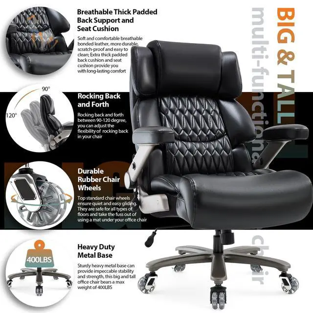 Alt view image 5 of 7 - Big and Tall Office Chair, High Back Large Executive Computer Desk Chair | Adjustable Lumbar Support, Quiet Rubber Wheels, Heavy Duty Metal Base, Ergonomic Design, Large Office Chair, 400lbs