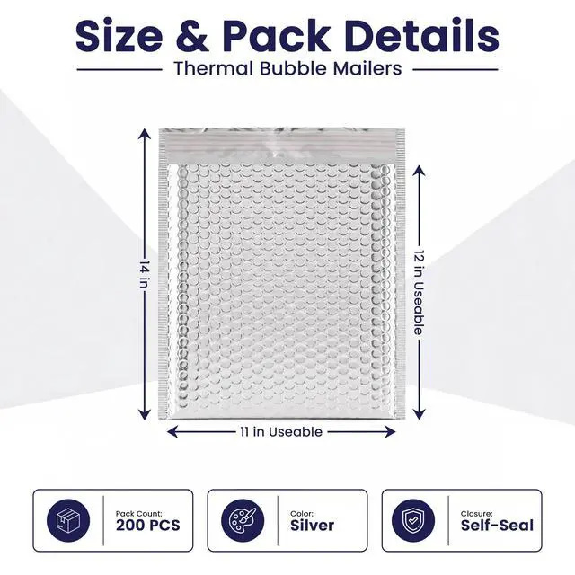 Alt view image 2 of 7 - Waterproof Insulated Foil Thermal Bubble Mailers 12x11, 200-Pack | Ideal for food, skincare, cosmetics & perishables. Tear-resistant metallic lining protects temperature-sensitive items