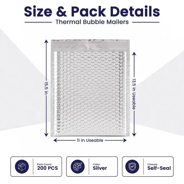 Alt view image 2 of 7 - Waterproof Insulated Foil Thermal Bubble Mailers 13.5x11, 200-Pack | Ideal for food, skincare, cosmetics & perishables. Tear-resistant metallic lining protects temperature-sensitive items