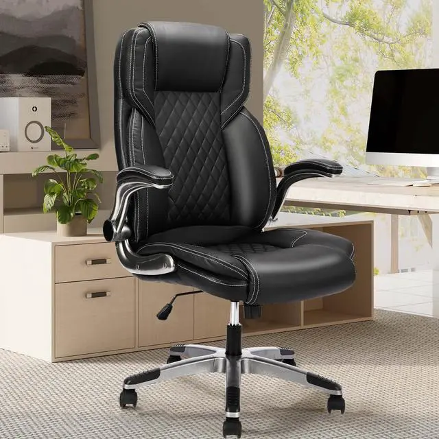 Main image of Leather Executive Office Chair with Flip up Arms, Black | High Back, Ergonomic, Rocking, Comfy, Vintage, Work Chairs, Home,Gaming,Cross Legged Sitting