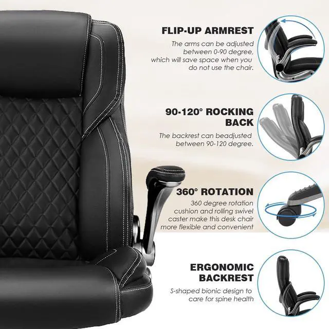 Alt view image 3 of 7 - Leather Executive Office Chair with Flip up Arms, Black | High Back, Ergonomic, Rocking, Comfy, Vintage, Work Chairs, Home,Gaming,Cross Legged Sitting