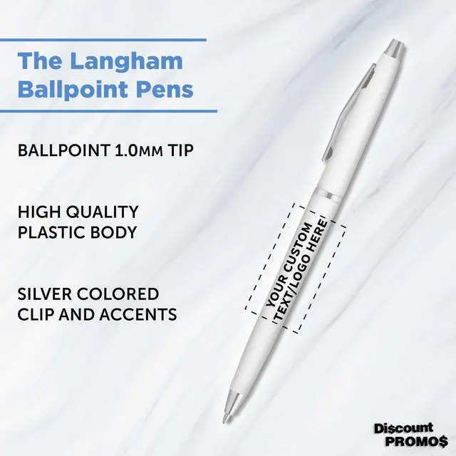 Alt view image 3 of 5 - Personalized Langham Ballpoint Pens, Set of 10/50/100 by - Black Ink, Great for Office, Business, Tradeshows - White