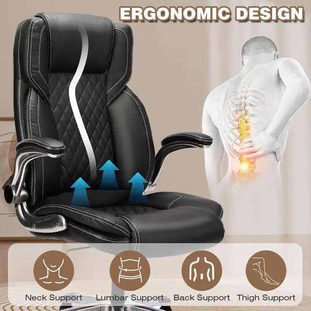 Alt view image 2 of 7 - Leather Executive Office Chair with Flip up Arms, Black | High Back, Ergonomic, Rocking, Comfy, Vintage, Work Chairs, Home,Gaming,Cross Legged Sitting