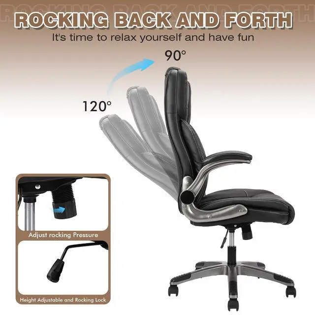 Alt view image 4 of 7 - Leather Executive Office Chair with Flip up Arms, Black | High Back, Ergonomic, Rocking, Comfy, Vintage, Work Chairs, Home,Gaming,Cross Legged Sitting