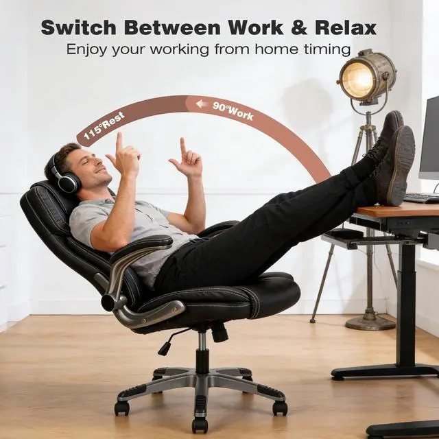 Alt view image 6 of 7 - Leather Executive Office Chair with Flip up Arms, Black | High Back, Ergonomic, Rocking, Comfy, Vintage, Work Chairs, Home,Gaming,Cross Legged Sitting