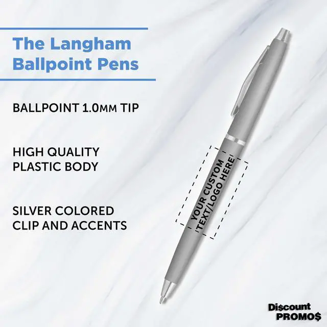 Alt view image 3 of 5 - Personalized Langham Ballpoint Pens, Set of 10/50/100 by - Black Ink, Great for Office, Business, Tradeshows - Silver
