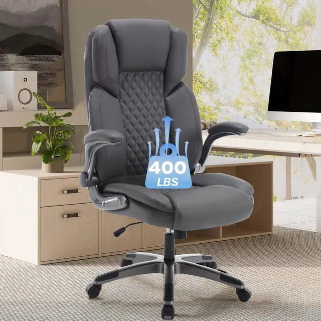 Main image of Leather Executive Office Chair with Flip up Arms, Grey | High Back, Ergonomic, Rocking, Comfy, Vintage, Work Chairs, Home,Gaming,Cross Legged Sitting