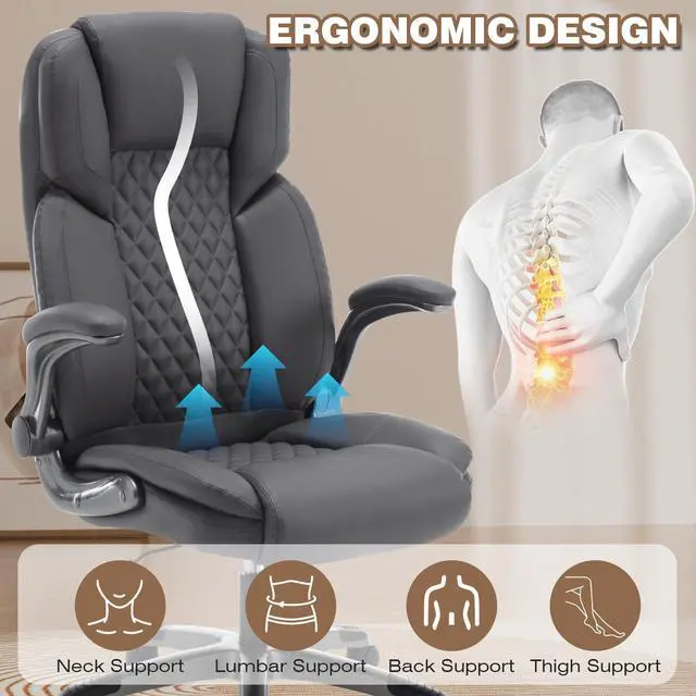 Alt view image 3 of 7 - Leather Executive Office Chair with Flip up Arms, Grey | High Back, Ergonomic, Rocking, Comfy, Vintage, Work Chairs, Home,Gaming,Cross Legged Sitting