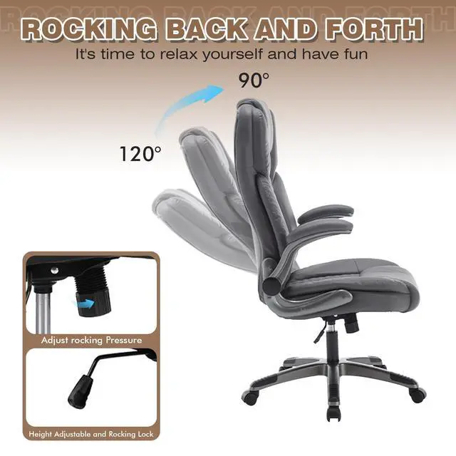 Alt view image 5 of 7 - Leather Executive Office Chair with Flip up Arms, Grey | High Back, Ergonomic, Rocking, Comfy, Vintage, Work Chairs, Home,Gaming,Cross Legged Sitting