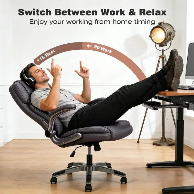 Alt view image 4 of 7 - Leather Executive Office Chair with Flip up Arms, Grey | High Back, Ergonomic, Rocking, Comfy, Vintage, Work Chairs, Home,Gaming,Cross Legged Sitting