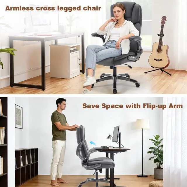 Alt view image 6 of 7 - Leather Executive Office Chair with Flip up Arms, Grey | High Back, Ergonomic, Rocking, Comfy, Vintage, Work Chairs, Home,Gaming,Cross Legged Sitting