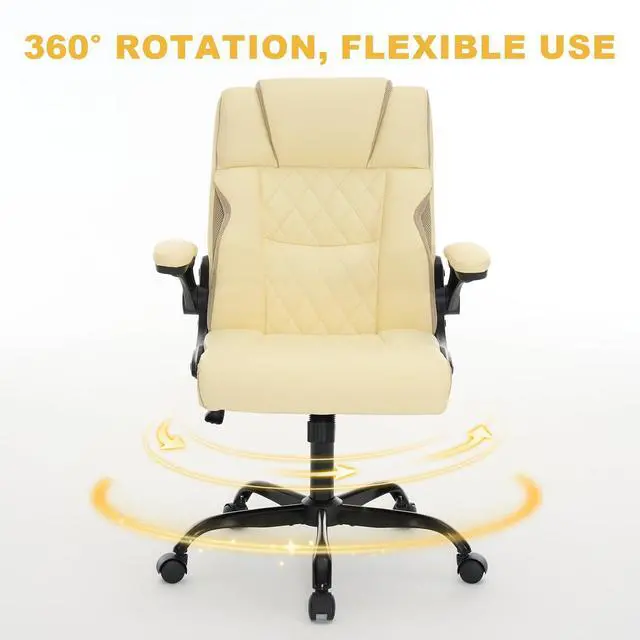 Alt view image 7 of 7 - Ergonomic Office Chair, Executive Desk Chair with Flip-up Armrest, Swivel Computer Task Chair with Wheels for Home Office, Small Gaming Chair with Adjustable Rocking Function, Beige