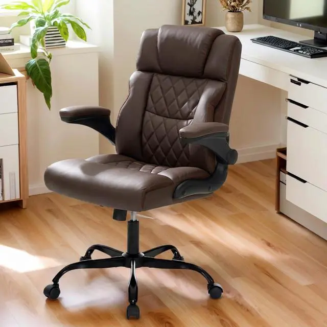 Alt view image 2 of 7 - Ergonomic Office Chair, Executive Desk Chair with Flip-up Armrest, Swivel Computer Task Chair with Wheels for Home Office, Small Gaming Chair with Adjustable Rocking Function, Dark Brown