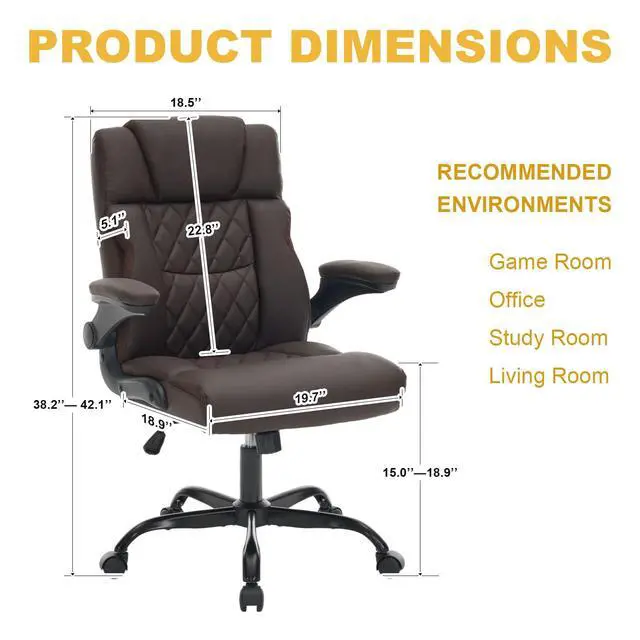 Alt view image 3 of 7 - Ergonomic Office Chair, Executive Desk Chair with Flip-up Armrest, Swivel Computer Task Chair with Wheels for Home Office, Small Gaming Chair with Adjustable Rocking Function, Dark Brown