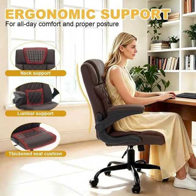Alt view image 4 of 7 - Ergonomic Office Chair, Executive Desk Chair with Flip-up Armrest, Swivel Computer Task Chair with Wheels for Home Office, Small Gaming Chair with Adjustable Rocking Function, Dark Brown