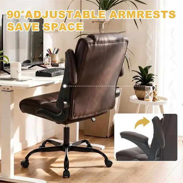 Alt view image 6 of 7 - Ergonomic Office Chair, Executive Desk Chair with Flip-up Armrest, Swivel Computer Task Chair with Wheels for Home Office, Small Gaming Chair with Adjustable Rocking Function, Dark Brown