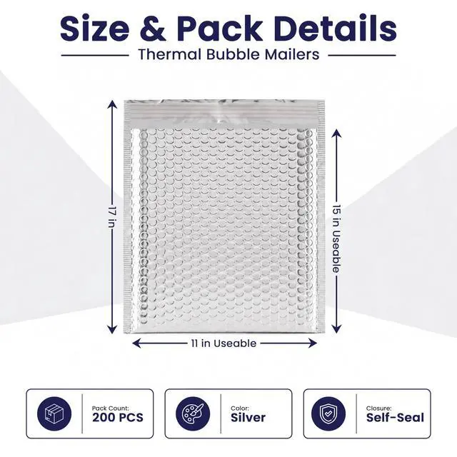 Alt view image 5 of 7 - Waterproof Insulated Foil Thermal Bubble Mailers 11x15, 200-Pack | Ideal for food, skincare, cosmetics & perishables. Tear-resistant metallic lining protects temperature-sensitive items