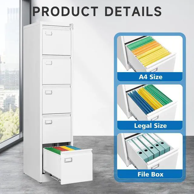 Alt view image 5 of 7 - 5 Drawer File Cabinet with Lock Metal Vertical File Cabinet Office Home Vertical File Cabinet for A4 Legal/Letter Size Narrow File Cabinet Locked,Assembly Required