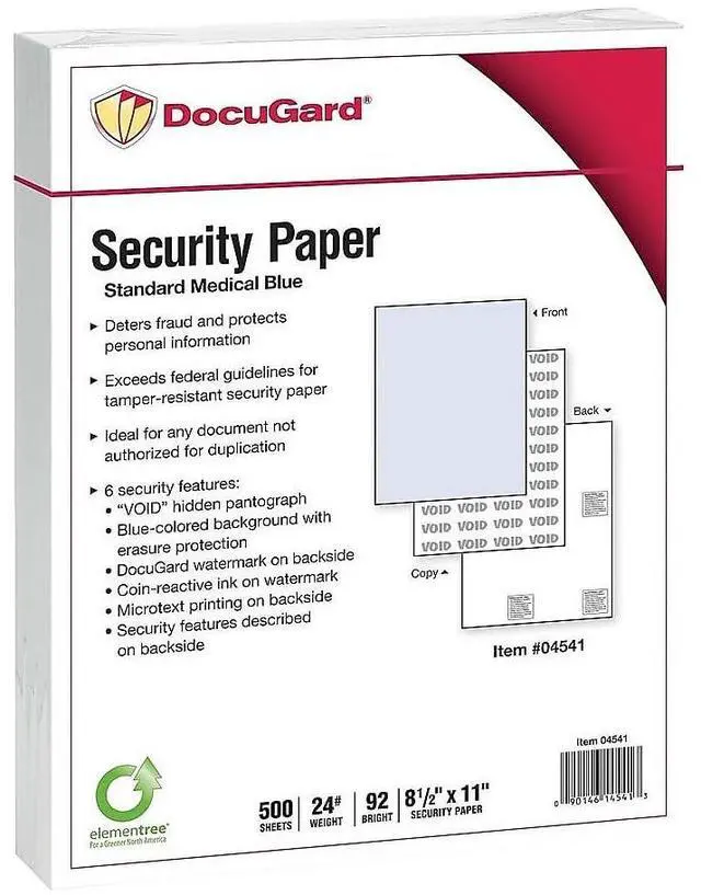 Main image of Paris Standard 8.5-inch x 11-inch Medical Security Paper, 24 lbs., Blue, 500 Sheets/Ream, 2500/Carton (04541P)