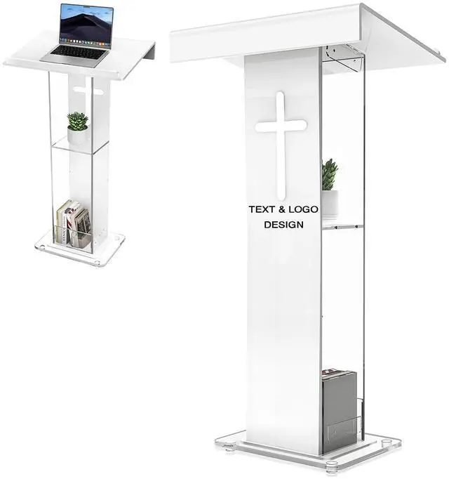 Main image of 45.3 Customized Logo and Text Acrylic Podium Lectern, Pulpit for Churches with Double Shelves, Modern Plexiglass Pulpits Lectern with Cross Design for Classroom, Conference, Wedding and More