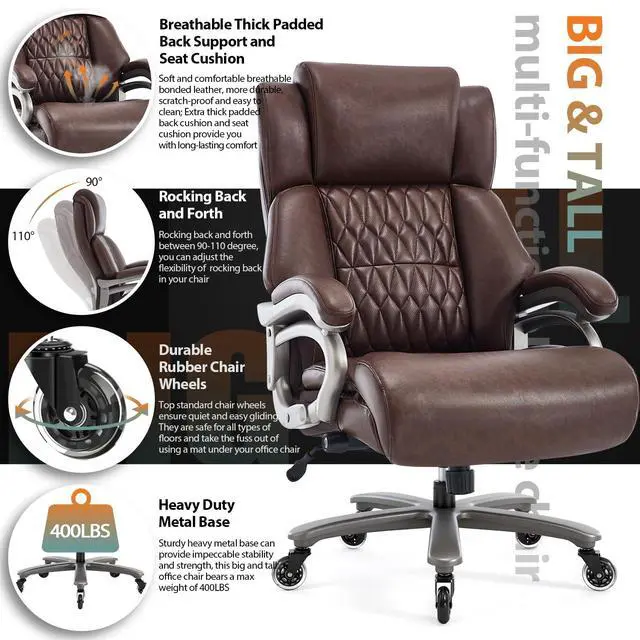 Alt view image 5 of 7 - Big and Tall Office Chair, High Back Large Executive Computer Desk Chair | Adjustable Lumbar Support, Quiet Rubber Wheels, Heavy Duty Metal Base, Ergonomic Design, Large Office Chair, 400lbs