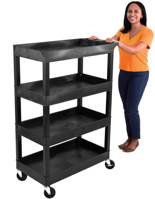 Main image of Tubstr 4 Shelf Utility Cart Supports Up to 300 lbs - Heavy-Duty Plastic Service Push Cart with Deep Shelves and 4" Casters, for Offices, Warehouse Storage, Garage (Black, 35 x 18 x 50)