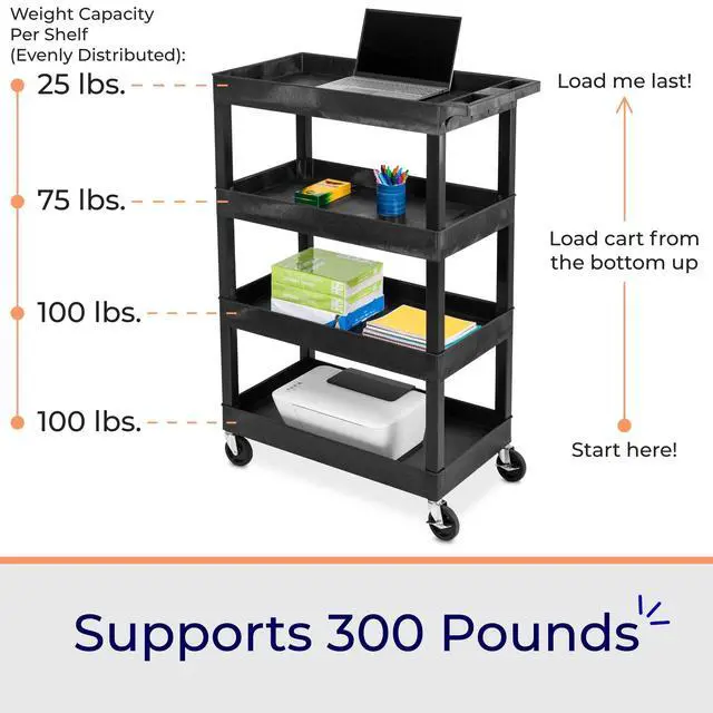 Alt view image 3 of 7 - Tubstr 4 Shelf Utility Cart Supports Up to 300 lbs - Heavy-Duty Plastic Service Push Cart with Deep Shelves and 4" Casters, for Offices, Warehouse Storage, Garage (Black, 35 x 18 x 50)