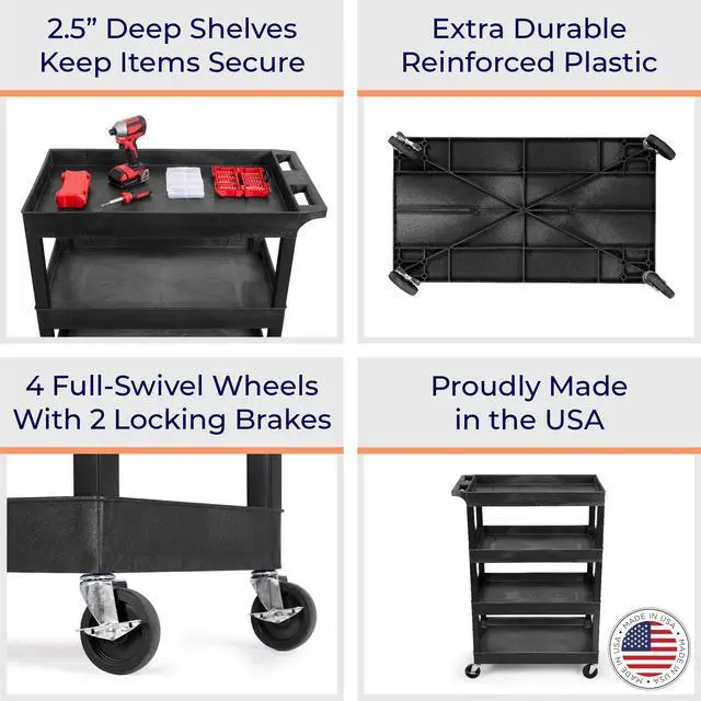 Alt view image 4 of 7 - Tubstr 4 Shelf Utility Cart Supports Up to 300 lbs - Heavy-Duty Plastic Service Push Cart with Deep Shelves and 4" Casters, for Offices, Warehouse Storage, Garage (Black, 35 x 18 x 50)