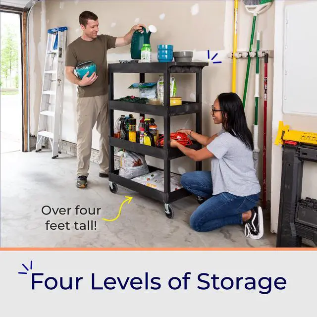 Alt view image 5 of 7 - Tubstr 4 Shelf Utility Cart Supports Up to 300 lbs - Heavy-Duty Plastic Service Push Cart with Deep Shelves and 4" Casters, for Offices, Warehouse Storage, Garage (Black, 35 x 18 x 50)