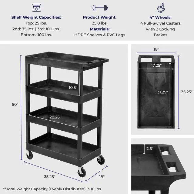 Alt view image 6 of 7 - Tubstr 4 Shelf Utility Cart Supports Up to 300 lbs - Heavy-Duty Plastic Service Push Cart with Deep Shelves and 4" Casters, for Offices, Warehouse Storage, Garage (Black, 35 x 18 x 50)