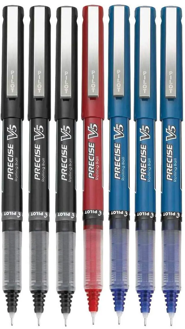 Main image of Precise V5 Stick Rolling Ball Pens, Extra Fine Point (.5mm), Assorted Colors Black/Blue/Red Ink, 7-pk